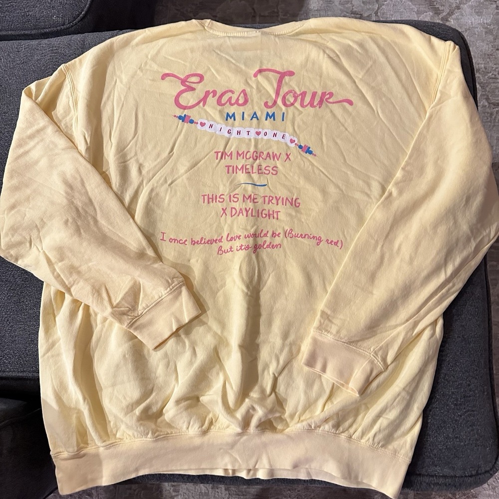 TAYLOR SWIFT Eras Tour Miami Night One Yellow Crewneck Sweatshirt Surprise Songs - Picture 4 of 7